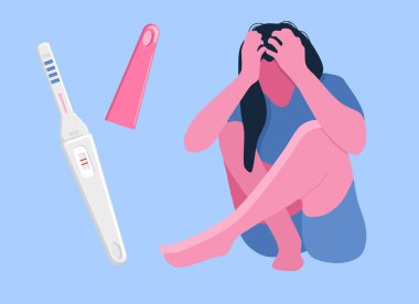 Sad woman depressed and desperate because of a positive pregnancy test.Miscarriage,upcoming abortion.Unwanted baby. Psychological help and support of single mothers and girls in difficult situations. clipart