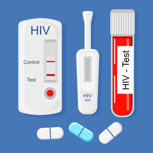 HIV kendini test kiti örneklerini kan ile laboratuvar tüpü ile ifade et. Farklı tip tıbbi araçları önleme. Bağışıklık yetmezliği virüsü tanı konsepti. Hastalık bulaşması. Vektör düz haplar.