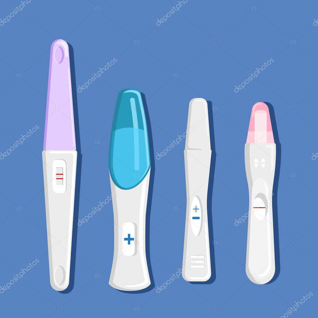 Pregnansy tests for home.Four different types and forms.Detection of the HCG hormone in urine.Baby planning and female health illustration.Reproduction and motherhood concept for obstetrics,gynecology