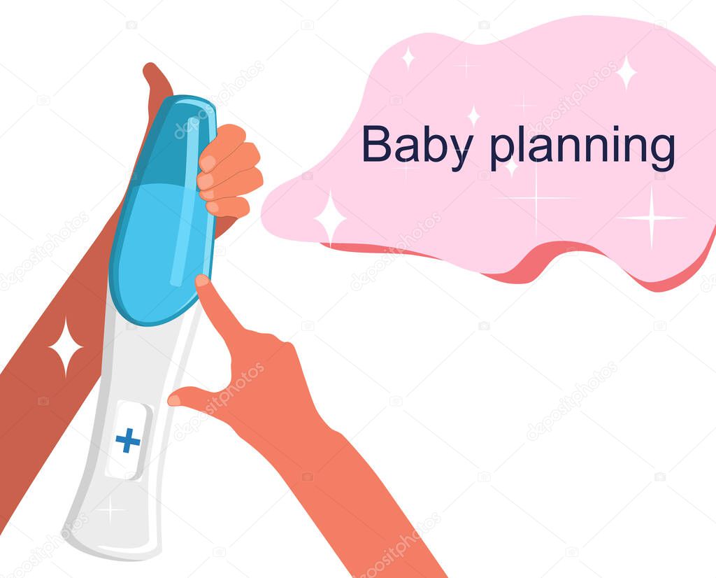 Human hands holding pregnancy test which shows positive result.Baby planning and female health illustration.Reproduction and motherhood concept for obstetrics,gynecology.High fertility.Vector isolated