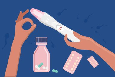 Doğum kontrol hapı konsepti. Perma etrafta yüzüyor. İnsan eli, hamilelik testini olumlu sonuçla tutuyor ve veriyor. HIV ve AİDS 'i önleme hapları su toplamış paketlerde.