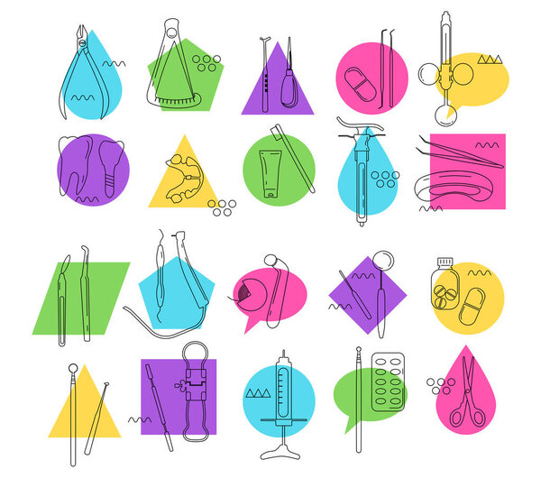 Dental tools and instruments line art icon set.Orthodontic prosthetics and filling,drill bit,treatment of diseases of oral cavity and caries.Memphis style colourful vector for clinic.Medical equipment