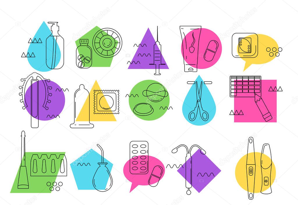 Contraception different methods icon set in Memphis style.Pregnancy and birth control instruments line art vector.Geometric colourful collection for baby planning,safe sex.Venereal disease prevention