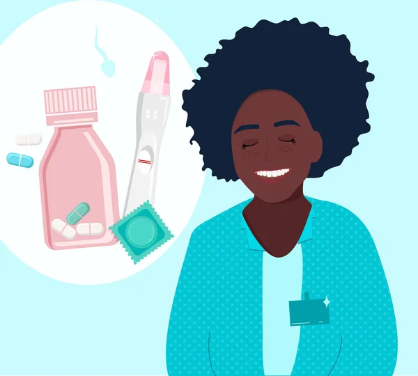 Médica Afro Americana Sorrindo Anuncia Obstetrícia Clinica Pílulas Controle Natalidade — Vetor de Stock