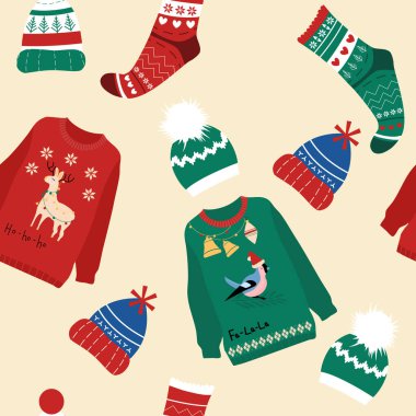 Yünlü kalın kış kıyafetleriyle kusursuz desenler. Mutlu Noel kutlamaları için örgü süveterler. Yeni yıl baskısı mevsimlik satışlar, hediye çekleri veya tanıtım broşürleri.