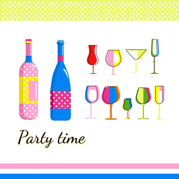 シャンパンボトルやさまざまなタイプの ポップアートスタイルのワイングラスを形成します トレンディーな色のバーの道具 カクテルのためのタンブラー 誕生日招待状 休日のお祝い — ストックベクタ