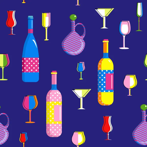 シャンパンボトルと異なるタイプのワイングラスとポップアートスタイルのシームレスなパターン ホームパーティーのためのコレクショントレンディーな色のバー用品 — ストックベクタ