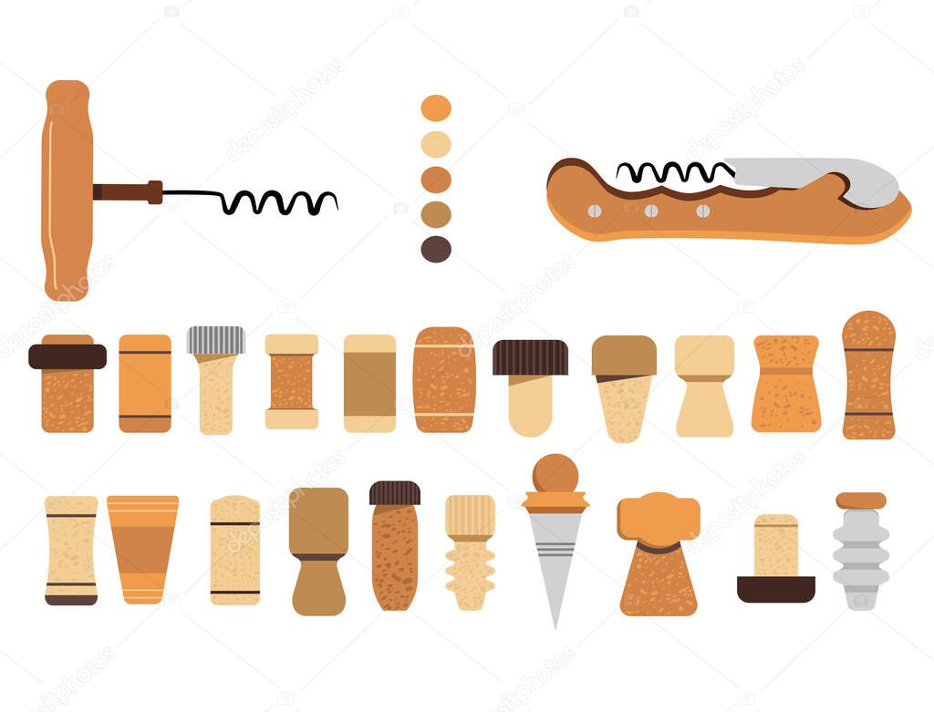 Cork stoppers collection. Different types and forms bungs and plugs for alcohol bottles. Tailspin for opening wine.Champagne production and packaging technologies.Isolated vector on white background