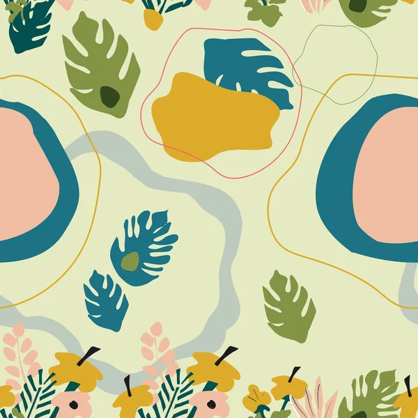 无缝隙图案 有乳香花 海葵和热带丛林树叶 手绘矢量趋势的抽象背景 彩色斑点和水仙花 纺织品印刷 笔记本封面 — 免费的图库照片