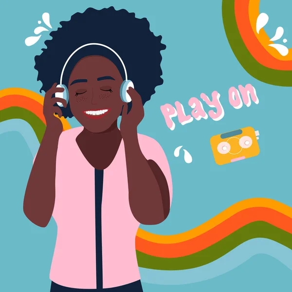 Jonge Afro Amerikaanse Vrouw Koptelefoon Luisterend Naar Mooie Muziek Glimlachend — Stockvector