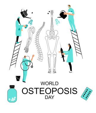 Dünya Osteoporoz Günü konsepti. Tıbbi giysiler giyen insanlar insan kemikleri ve iskeletleriyle ilgilenirler. Doktorlar karikatür omuriliğini tedavi ederler. Hareket yetersizliği ve eklem iltihabı, eklem iltihabı. D vitamini eksikliği
