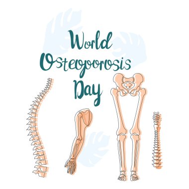 Dünya Osteoporoz Günü konsepti. Hareket bozukluğu, eklem iltihabı, dirsek ve kalça eklem iltihabı. D vitamini eksikliği. Hastalık ve acıyla dolu insan omurgası. Kırık kemikler, iskelet. Vektör.