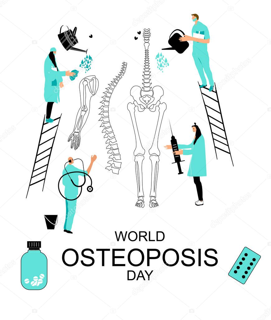 World Osteoporosis Day concept. People in medical clothes take care of human bones and skeletons.Doctors treat cartoon spine.Movement disability and arthritis,disease of joint. Vitamin D deficiency