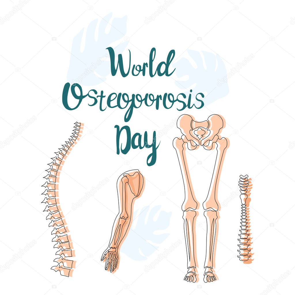World Osteoporosis Day concept. Movement disability and arthritis,disease of elbow and hip joint. Vitamin D deficiency. Human spine with disease and pain.Fragile and broken bones,skeleton.Vector
