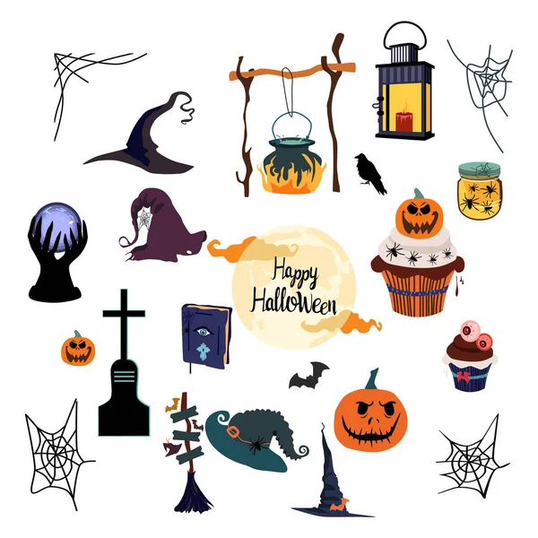 Halloween Vector Conjunto Con Símbolos Tradicionales Día Los Muertos Noche — Vector de stock