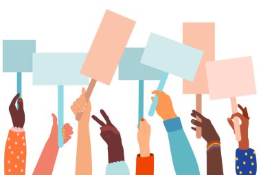 İnsan elleri farklı etnik kökenlere sahip. Boş işaretlerle gösteriler yapıyorlar. Eşit hakları, aşıyı protesto eden çok sayıda insan. Kadın gücü, feminizm.