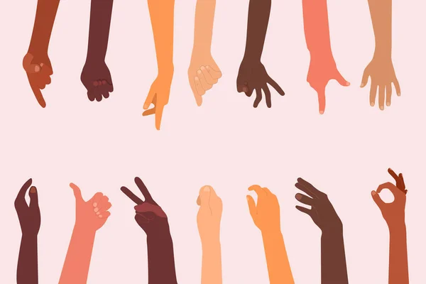 Руки Людини Різної Етнічної Приналежності Різних Жестів Set One Два — стоковий вектор