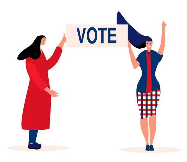 在美国或其他国家的选举日 两名年轻妇女正在投票和投票 总统是由人民民主选出的 平面风格的概念 — 图库矢量图片