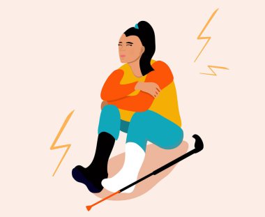 Temporarily disabled sad girl with broken leg with bandage is sitting.Crutches are around. Unhappy injured young woman. Ankle bone fracture or sprain with gypsum.Vector illustration in trendy colors clipart