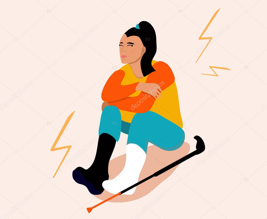 Temporarily disabled sad girl with broken leg with bandage is sitting.Crutches are around. Unhappy injured young woman. Ankle bone fracture or sprain with gypsum.Vector illustration in trendy colors