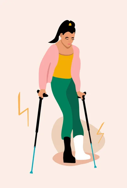 腿伤的年轻妇女 有骨科的女孩用拐杖走路 用石膏擦伤骨折或扭伤 戴绷带的不快乐的受伤女士站立 流行的病媒海报 — 图库矢量图片