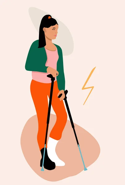 Young Woman Broken Leg Girl Orthopedic Cast Walking Using Crutches — Stock Vector