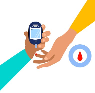 World diabetes day.Hand is holding electrochemical or Photometric glucometer.Finger is pricked,ready for a glucose or Blood Sugar Test.Determination of glycated hemoglobin.Endocrine pancreas disorder clipart