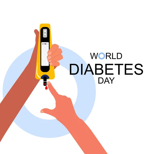 Día Mundial Diabetes Mano Sostiene Glucómetro Electroquímico Fotométrico Dedo Pinchado — Archivo Imágenes Vectoriales