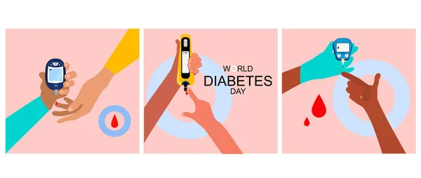 Dia Mundial Diabetes Ilustrações Set Hands Diferentes Etnias Teste Açúcar — Vetor de Stock