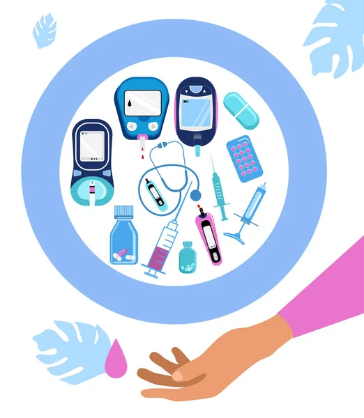 Banner Zum Weltdiabetestag Hand Hält Medizinische Instrumente Blutzucker Glukosetest Tabletten — Stockvektor