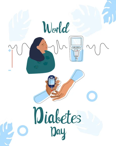 Ilustración Vectorial Línea Del Día Mundial Diabetes Niña Enferma Está — Vector de stock