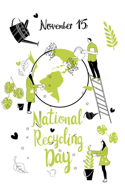 National Recycling Day Concept People Protect Earth Planet Hand Drawn — стоковый вектор