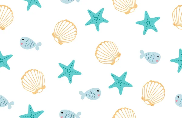 Seamless pattern with seashells and fish stock vector illustration — Stock Vector