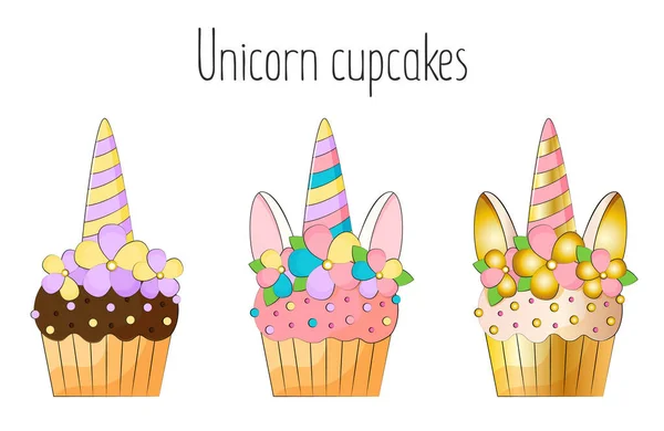 Eenhoorn cupcakes op witte achtergrond voorraad vector illustratie — Stockvector