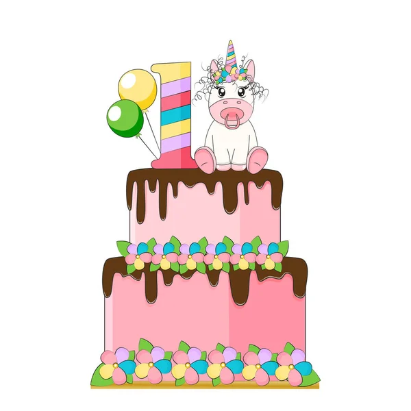 Tarta de cumpleaños con unicornio en la ilustración del vector de stock del primer año — Vector de stock