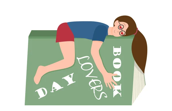 Dziewczyna leżąca na książce, koncepcja czytania książek, miłośników książek dzień wektor ilustracji — Wektor stockowy
