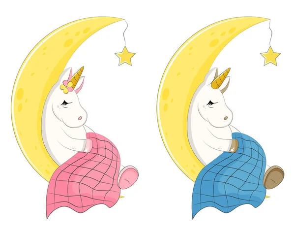 Mignonnes licornes magiques endormies sur la lune sous la couverture, illustration vectorielle. — Image vectorielle