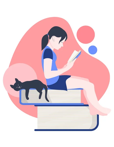 Meisje zitten op de boeken en het lezen van een boek, boek liefhebbers dag voorraad vector illustratie — Stockvector