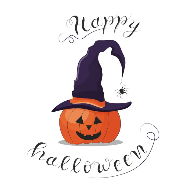 Happy halloween lettering with cute pumpkin in the witch hat vector illustration. — Stock Vector