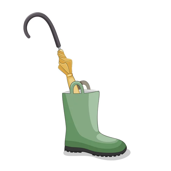 Bota de goma verde con paraguas amarillo en el interior sobre fondo blanco Stock vector ilustración. — Archivo Imágenes Vectoriales