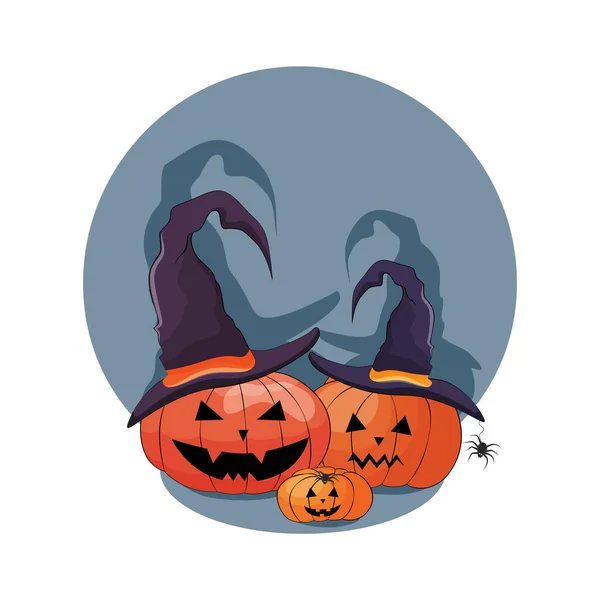 Halloween carino zucche arancioni nel cappello strega stock vettoriale illustrazione. — Vettoriale Stock