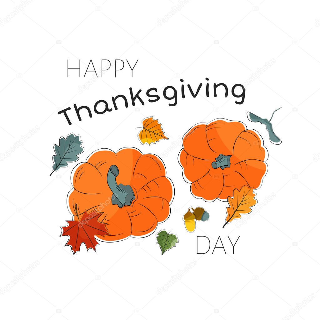 Happy thanksgiving day with pumpkins and autumn leaves vector illustration, for posters, cards, banners, isolated on white background.