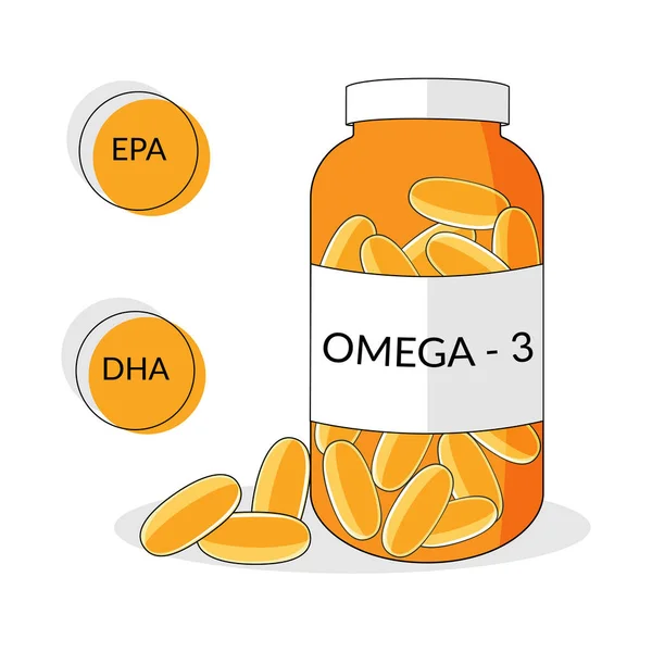 Garrafa com ómega-3 softgels, óleo de peixe natural, EPA, ilustração vetorial DHA — Vetor de Stock