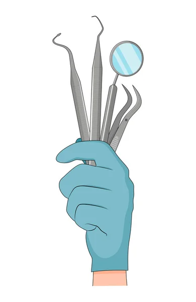 Artsen hand in blauwe latex handschoen met tandheelkundig gereedschap vector illustratie. — Stockvector