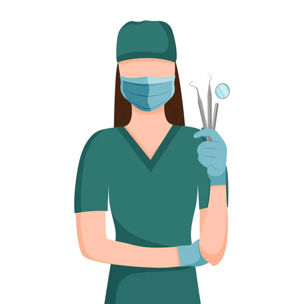 Tandläkare kvinna i mask och handskar som håller instrument för undersökning tänder vektor illustration. — Stock vektor