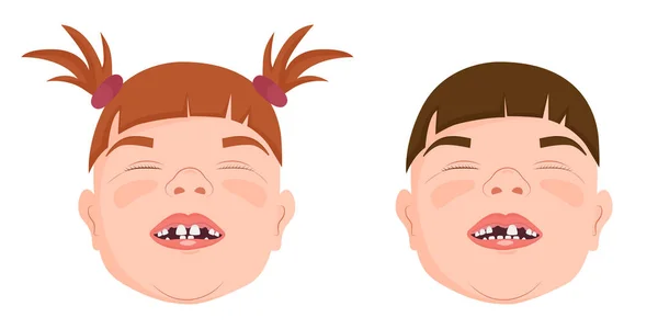 Toothless anak laki-laki dan perempuan tersenyum, menunjukkan jatuh gigi susu, vektor ilustrasi. - Stok Vektor