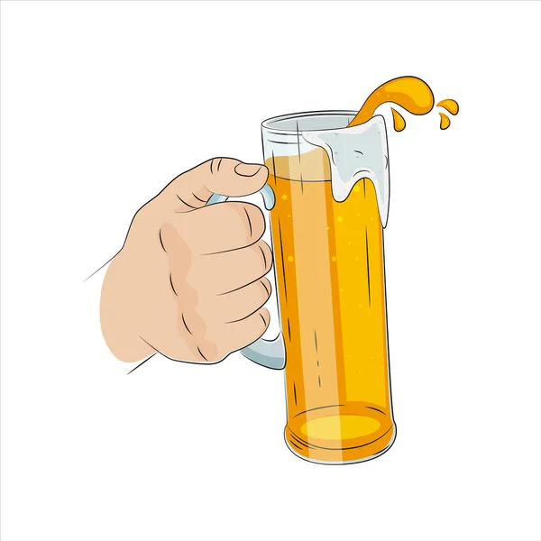 Mano masculina sosteniendo una taza de cerveza, ilustración vectorial. — Vector de stock