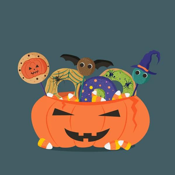 Halloween pumpkin basket with donuts, candies and sweets inside, vector illustration. — Stock Vector