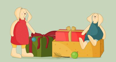 Arkaplanda Noel hediyeleri, sevimli klasik tavşanlar, stok vektör illüstrasyonu.
