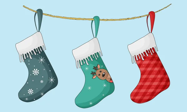 Medias de Navidad colgando de una cuerda, calcetines de Navidad, ilustración vectorial. — Archivo Imágenes Vectoriales